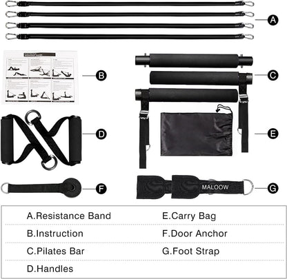 Adjustable Pilates Bar Kit with Resistance Bands,Portable Yoga Exercise Sticks&2 Sets Stackable Resistance Bands for Toning Muscle,Legs,Butt.Stretched Fusion Pilates Home Gym,Full Body Workout